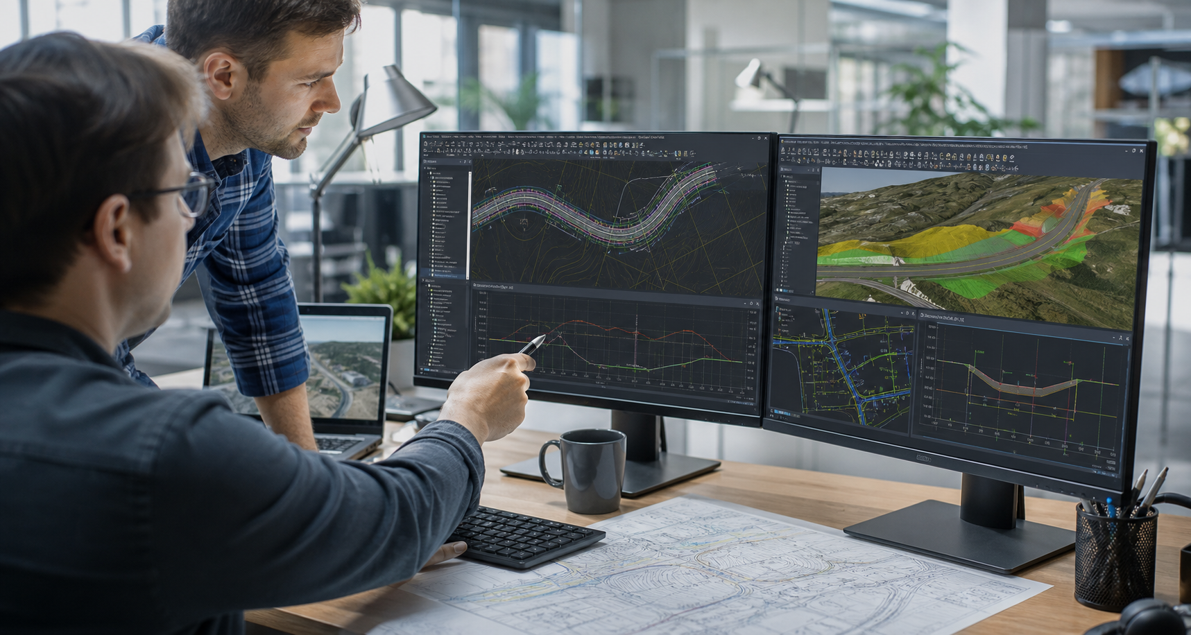 Civil infrastructure designers reviewing CAD and Civil 3D style digital delivery models